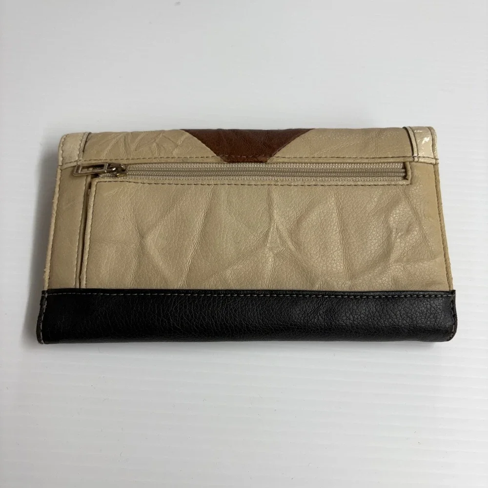 Vtg Y2K Guess Black Brown Cream Colorblock Slim Clutch Wallet crocodile Print